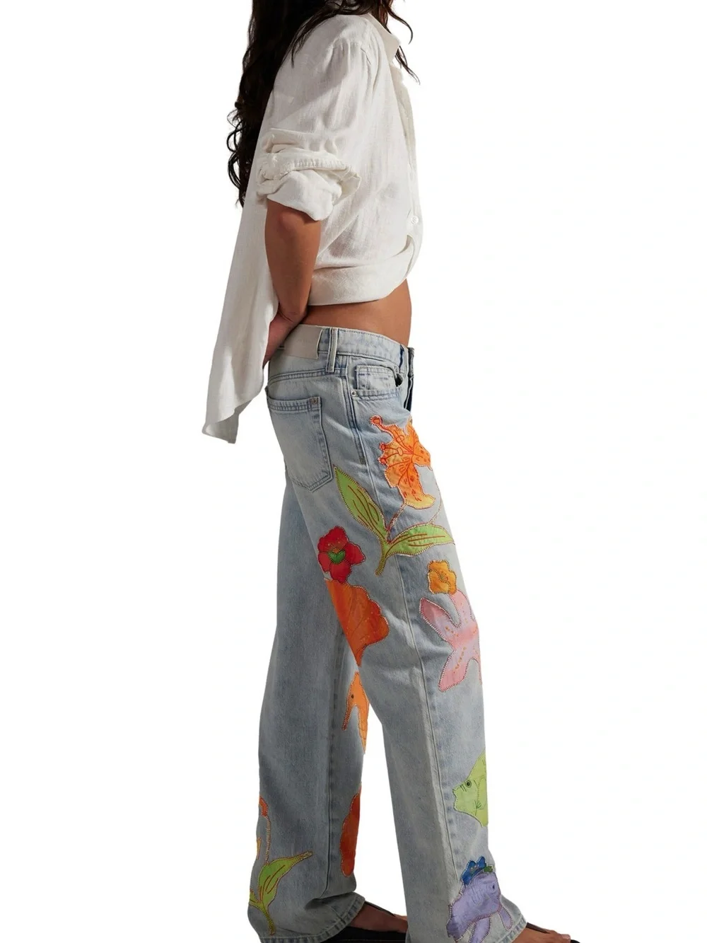 Free People Light Wash Straight-Leg Jeans with Colorful Sea-Life Appliqués